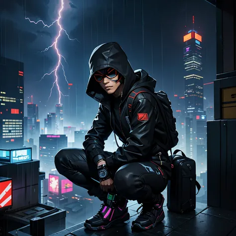 Cyberpunk hacker wearing a Filipino male mask, Wear a high-tech hat and a high-tech backpack., Crouched on a high rooftop overlooking the streets of Tokyo., Amidst heavy rain and lightning, at night 