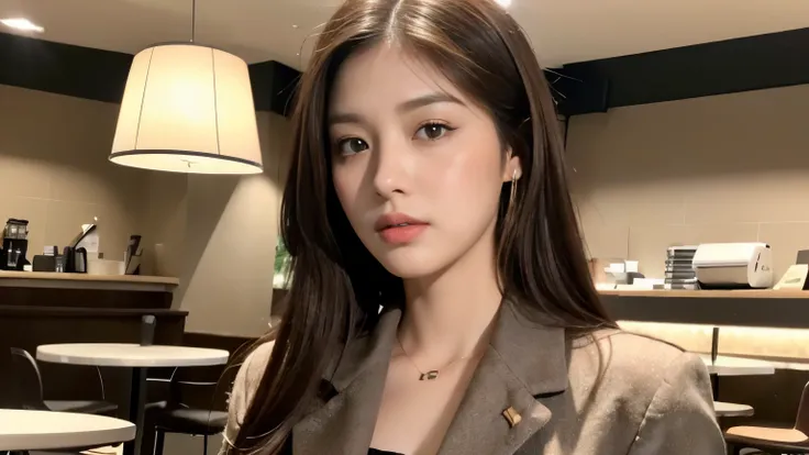 ((realistic lighting, best quality, 8K, master piece:1.3)), sharp focus:1.2, 1 girl, beautiful woman with perfect figure:1.2,  ((dark brown hair)), (Leisure Set:1.2），Inside a stylish cafe，Extra-fine face，fine eyes，double eyelid，