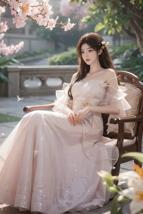 dress, One hand resting on his lips、There are white butterfly orchids around the hair,Lilac dendrobium、orange lily、white lilies、1 girl in、Full body photo、White hair、floated hair、Hazy beauty、Have extremely beautiful facial features、Hairpin on the head、Lie i...
