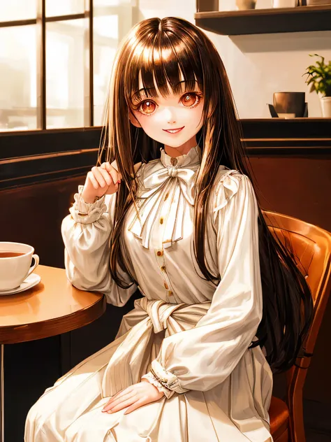 sitting on a chair in a stylish cafe　A young cute girl with shiny long hair and bangs　Smile and laugh　Upper body from the waist up　Idol type with big eyes　White long sleeve blouse and brown long skirt　highest quality　High resolution