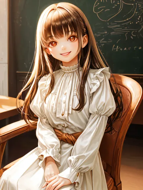 sitting on a chair in a stylish cafe　A young cute girl with shiny long hair and bangs　Smile and laugh　Upper body from the waist up　Idol type with big eyes　White long sleeve blouse and brown long skirt　highest quality　High resolution