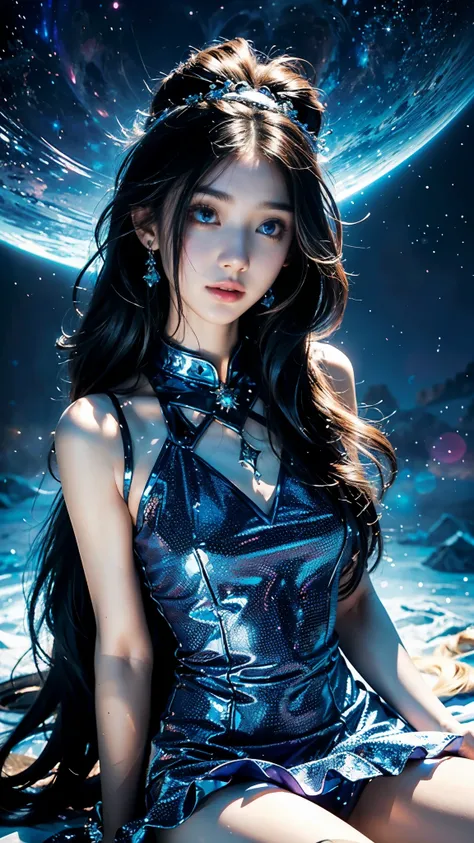 4K Ultra HD, Masterpiece, A girl with a magical aura, Good face, Long hair, shinny hair, Detailed eyes, Glossy lips, blue Lolita costume, The aura around the body, Magical effect, Spread white light, Cosmic elements and ethereal atmosphere, A mix of bright...