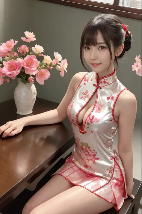 (table top:1.0), (highest quality:1.4), (High resolution:1.2), (realistic:1.4),(from below:1.5), (8K, Raw photo:1.2),(Side slit micro mini skirt:1.5),There is 2girls wearing latex cheongsam printed race pattern and smiling and taking pictures,She is wearin...