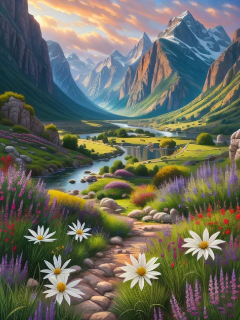 painting of a valley with flowers and mountains in the background, mark adams, in a valley, beautiful digital painting, peaceful...