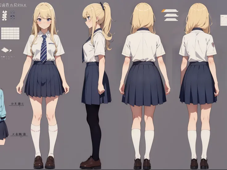 Skirt, high school girl, Joshi kosei, , blonde, various angles, (front, back, side), character sheet, model sheet, reference sheet.