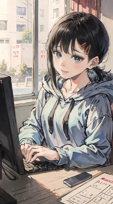 blue long hair, hoodie, computer, beautiful girl, pretty nose, high resolution, I am pleased with the many benefits of my investment.