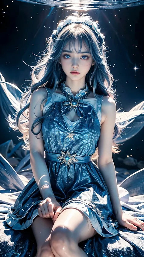 4K Ultra HD, Masterpiece, A girl with a magical aura, Good face, Long hair, shinny hair, Detailed eyes, Glossy lips, blue Lolita costume, The aura around the body, Magical effect, Spread white light, Cosmic elements and ethereal atmosphere, A mix of bright...