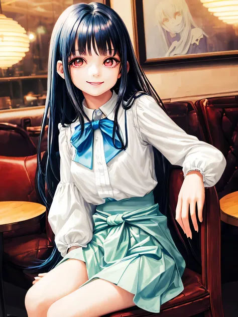 sitting on a chair in a stylish cafe　A young cute girl with shiny long hair and bangs　Smile and laugh　Upper body from the waist up　Idol type with big eyes　White long-sleeved blouse and long blue skirt　highest quality　High resolution