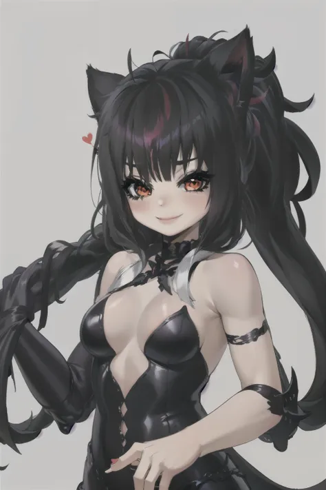 ,((long hair slightly wavy slightly past the shoulders, black bangs, small black pigtails on the sides, cute cat ears, beautiful thin red eyes,)),, Mejor calidad, Detalles intrincados, 


1 chica,     evelynn_por defecto, abertura_alumnos, brillante_eyes, ...