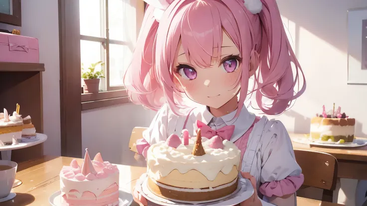 highest quality, pretty girl, pastel colour, fluffy rabbit ears, pink long hair,light pink eyes,short bob,birthday,cake,celebration,be happy