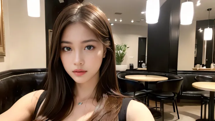 ((realistic lighting, best quality, 8K, master piece:1.3)), sharp focus:1.2, 1 girl, beautiful woman with perfect figure:1.2,  ((dark brown hair)), (Leisure Set:1.2），Inside a stylish cafe，Extra-fine face，fine eyes，double eyelid，