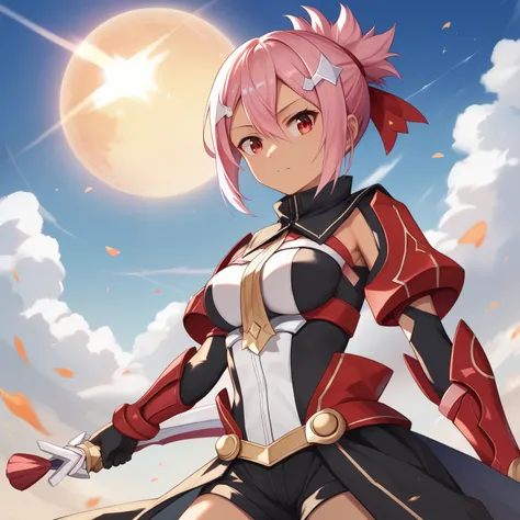 score_9, score_8_up, score_7_up, 1girl, solo, pink hair, short hair, red eyes, short ponytail, hair ornament, hair between eyes, black skin, armor, black shorts, magical girl, BREAK dusk, modern city background, fireballs, anime, (high quality, detailed, b...