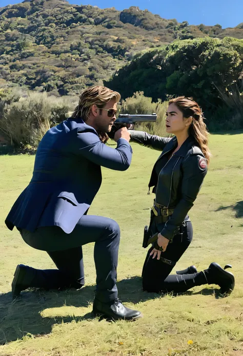 Mía Colucci pointing a gun at the head of Chris Hemsworth kneeling 