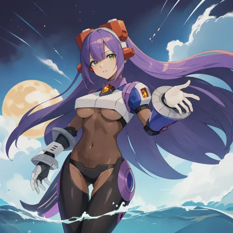 layer_megamanx, 1girl, solo, long hair, purple hair, green eyes, blunt bangs, hair over eyes, large breasts, dark skin, dark-skinned female, android, underboob, robot ears, high quality, masterpiece, surrounded by water and a small moon, in the style of vi...