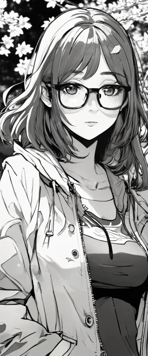 Girls with the best quality, Anime style features, I&#39;m wearing a spring jacket. She has big breasts and wears glasses.. the focus is on her face, highly detailed and expressive. She is in the park, Surrounded by cherry trees. The overall style of the i...