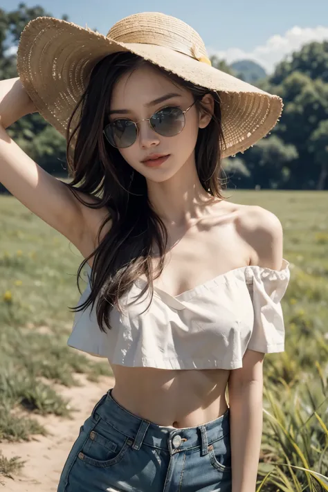 naked, ideal breast, tits out, armpit, hat, sunglasses, off shoulder, cropped top, stomach, short pants, outdy, grass background, close up