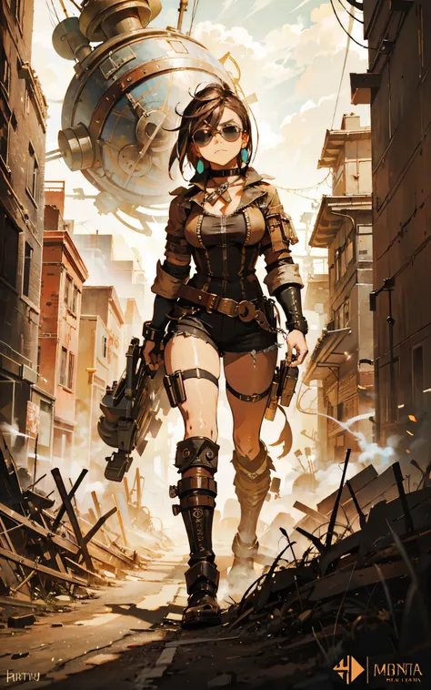 ambiente steampunk, dramatic art, estilo de arte dieselpunk, apocalyptic road warrior vibe, a girl wearing beautiful mirrored su...