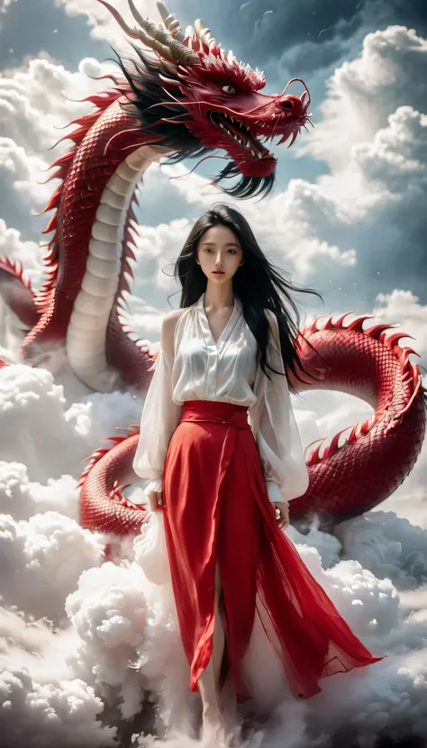 1 girl, alone, full body, long hair, chest, looking at the viewer, black hair, red skirt, closed mouth, are standing, cloud, lip...