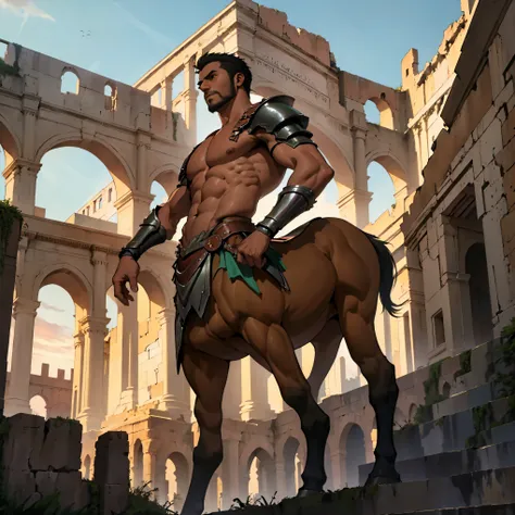 highly detailed full body full color photo of a centaur:1.2, standing, tall, green short hair, gauntlets, bare chest, detailed m...