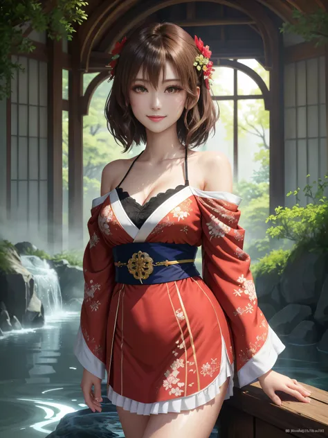 masterpiece , best quality,smile,smile,small face,shoulder exposure,golden kimono,A little cleavage exposure,double eyes,Beauty,beautiful woman,beautiful girl,Stand firmly on both feet,charm,adult,lure,Big eyes,light brown hair,Mysterious世界,god of water殿,i...