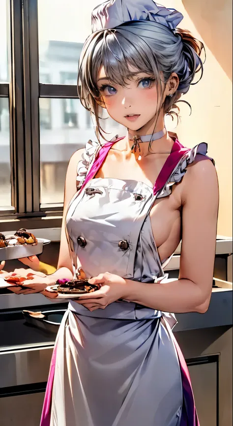 (masterpiece:1.2, highest quality), (realistic, photorealistic:1.4), beautiful illustrations, 
looking at the viewer, whole body, Front view:0.6, 
1 female, 20-year-old, Japanese, ((Silver hair chignon:1.5, 髪をchef hatに纏める:1.5)), thin waist、beautiful hair, ...