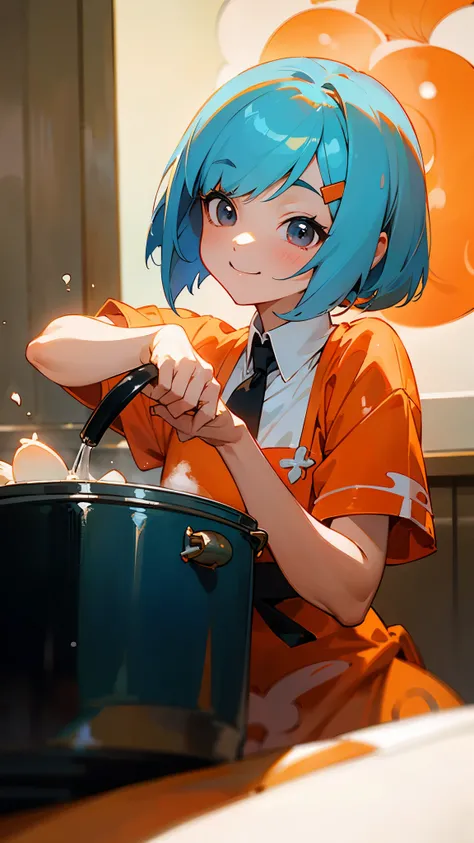 1 girl、anime painting、Cute shrimp woman cooking delicious food in the kitchen、light blue hair、Short Bob Hairstyles、Tie your hair up with an orange hair clip、beautiful black eyes、smile、fun、sharp outline、background bokeh、written boundary depth