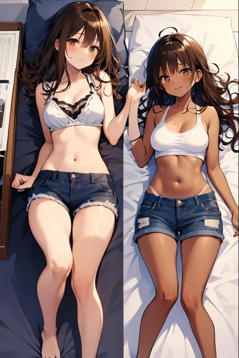 highest quality、Elementary school student bra、beige shorts、cool look、Stretching your legs in your room、armpit sweat、Grass、ecstasy face,(glamorous figure)， (2 girls),(twins)， (highly detailed face, smile) ,, (japanese girl), Slightly round face, (Tan brown ...