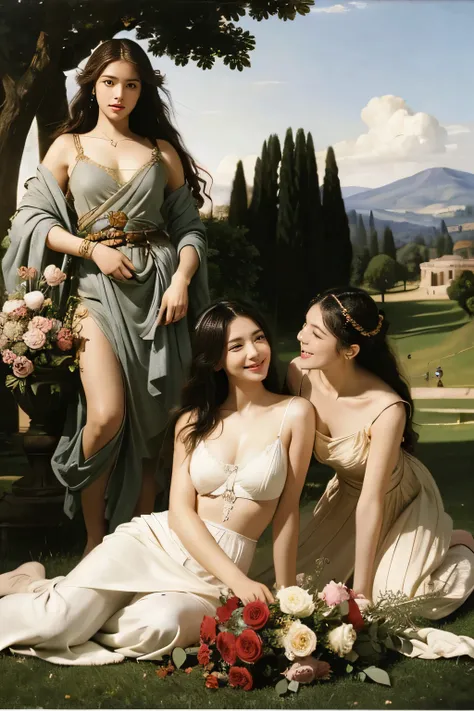 full body portrait or statue、Giorgione painting style,Arguments of two female Philosophe,math、astronomical machine、astronaut、roses in vase、fruits、Cute trinkets、smile、ancient greek costume、Ancient Roman landscape in the style of Nicolas Poussin,laughter,,Sw...