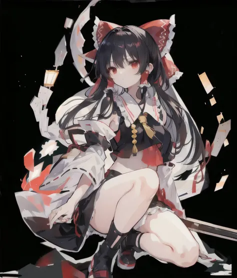 clear，clear，black，bright characters，Hakurei Reimu，clear，red eyes，short hair，Hakurei Reimu，bright characters，Lovely，Exploding Clothes Illustration，clear，night sky，lights，Many bright stars，A lot of meteors，red eyes，Two dimensions，top quality, masterpiece,hai...