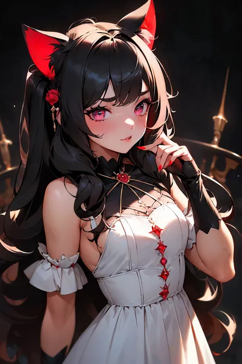 ,((long hair slightly wavy slightly past the shoulders, black bangs, small black pigtails on the sides, cute cat ears, beautiful thin red eyes,)),(obra maestra:1.2), Mejor calidad, (illustration:1.2),Enfoque ocular,(Resplandor magistralmente elaborado:1.3)...