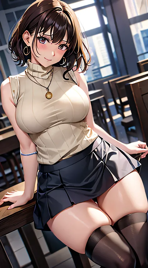 (table top, highest quality, High resolution, , perfect pixel, 4k,), 1 girl, single, alone, Beautiful woman、I could see the whole body、 ((wavy short hair, bangs, brown hair)), ((brown eyes, beautiful eyelashes, realistic eyes)), ((detailed face, blush:1.2)...