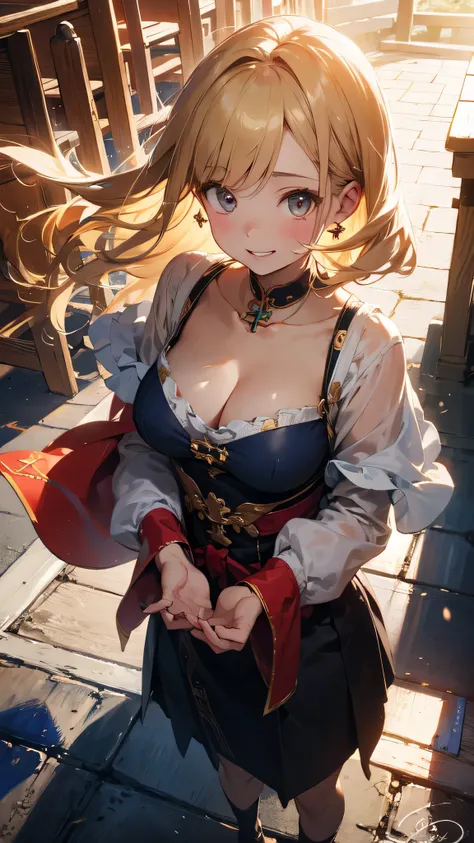 anatomically accurate, Absurdly High Resolution, Extraordinarily High Definition, masterpiece, highest quality, gentle smile, clavicle, cleavage, Blue Holy Garment, the cutest girl in the world,  blonde, the wind is strong, Sunlight is strong,  red cheeks,...