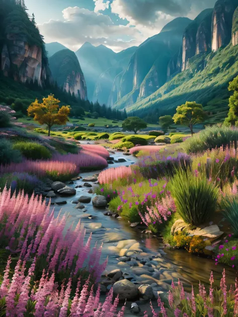 painting of a valley with a stream running through it, in a valley, valley, lush valley, lovely valley, stunning scenery, vast lush valley flowers, stunning scenery, stunning scenery, peaceful scenery, epic beautiful scenery, Beautiful scenery, Fabulous Hu...