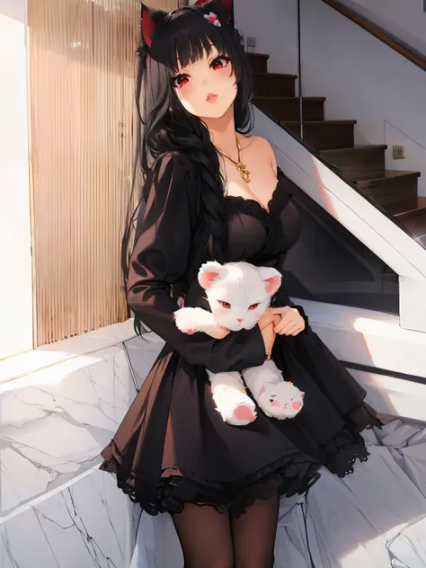 vestido negro, Sosteniendo a Bear, ,((long hair slightly wavy slightly past the shoulders, black bangs, small black pigtails on the sides, cute cat ears, beautiful thin red eyes,)),, enorme , enorme ass, sonrisa, labios jugosos, ((concepto sin censura))