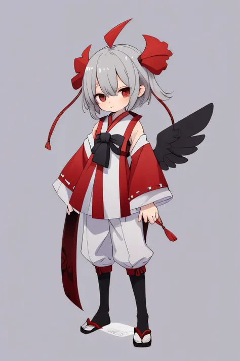 1 man,gray backguround,chibi,full body,standing,high resolution,Landscape,lower both hands,Empty-handed,sideways,standing,Stand upright, low two hands,tengu,male,