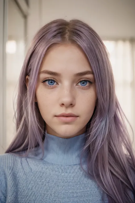 20 year old woman, light violet hair, slim american, light freckles, realistic light blue eyes, symmetrical face, high contrast eyes, looking into camera