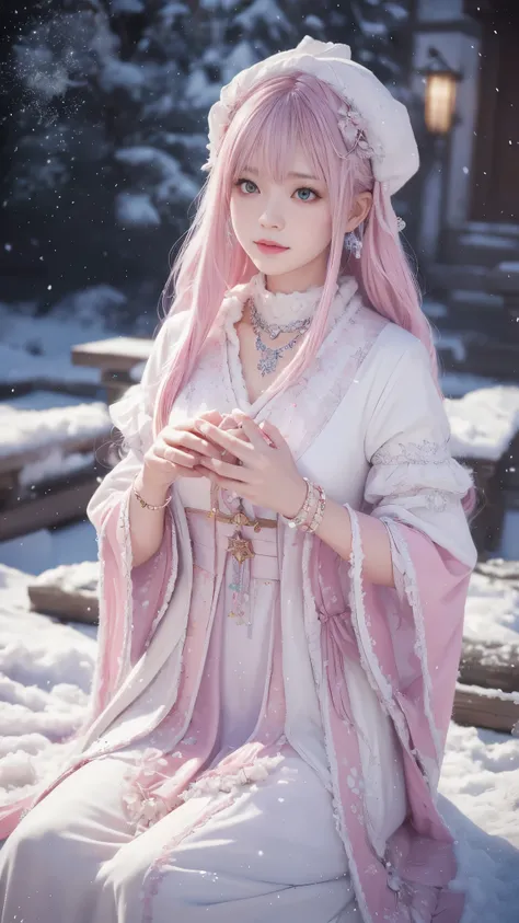 Works of masters，Best image quality，ultra high resolution，8K resolution，Sitting，solo person，femele，ssmile，long whitr hair，Pink hair，crossed bangs，Wave head，Bracelet，Collar，pendant，Lolita costume，snowflower，Winters，Temple，New Year，Opal rendering，Cinematic l...