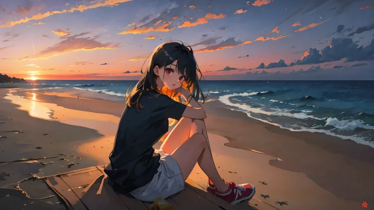  highest quality,Girl sitting on the beach，Watch the sunrise and sunset、long black hair、night