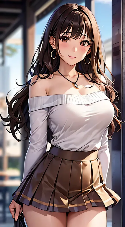 (table top, highest quality, High resolution, , perfect pixel, 4k,), 1 girl, single, alone, Beautiful woman、I could see the whole body、 ((Wavy mid-hair, bangs, brown hair)), ((brown eyes, beautiful eyelashes, realistic eyes)), ((detailed face, blush:1.2)),...