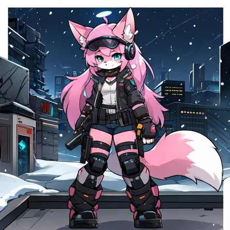 kawaii, pink striped fluffy fox, pink hair, left eye is red, right eye is blue, heterochromia, solo, body fur, on the night dese...