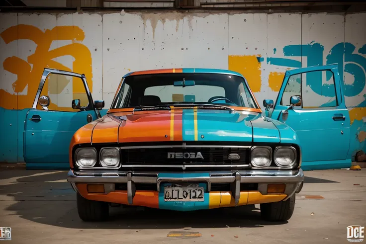 imajen realista , en colores obscuras un deshuesaderos lowrider , con estilo de box, que diga "S S" typography lettering calligraffiti and in the background some cholos disassembling some cars