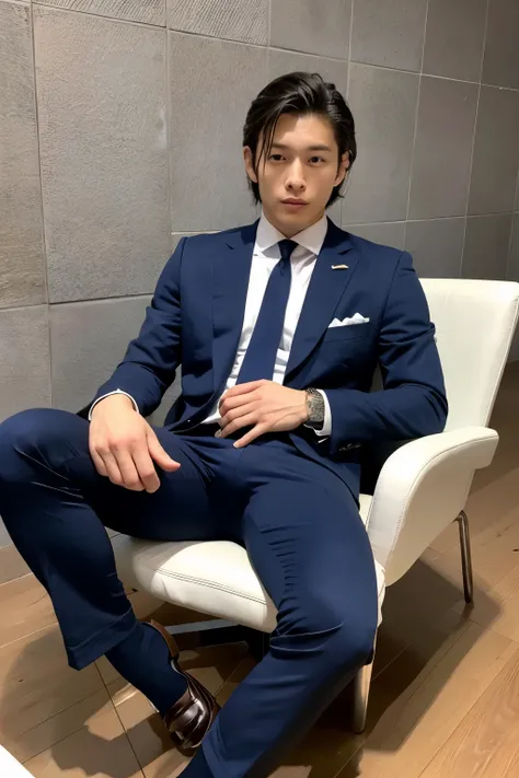 Japanese, navy suit, penis shape is visible, bulge is emphasized, erection, crotch, big thighs, man, sitting on chair, handsome 