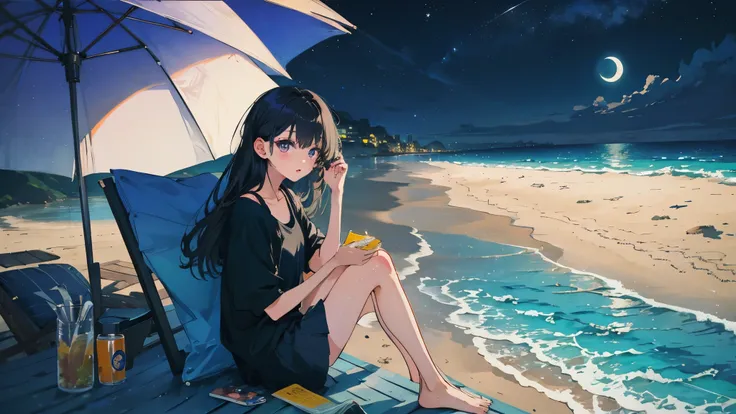  highest quality,Girl sitting on the beach，long black hair、night、moon