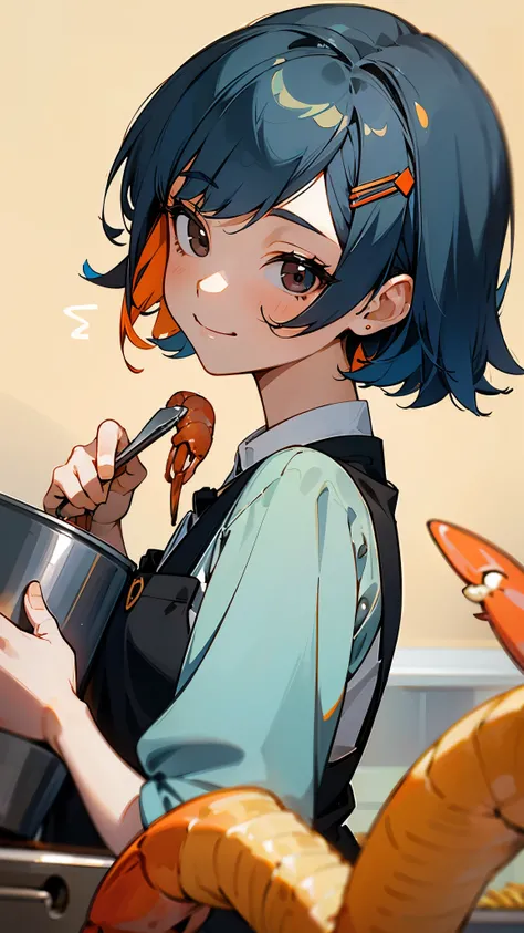 1 girl、anime painting、Cute woman cooking delicious food in the kitchen、shrimp、Beautiful brown and jet black eyes、Light blue hair、bob hairstyle、Orange hair clip、From the side、smile、upper body close-up、sharp outline、Taste the French fries