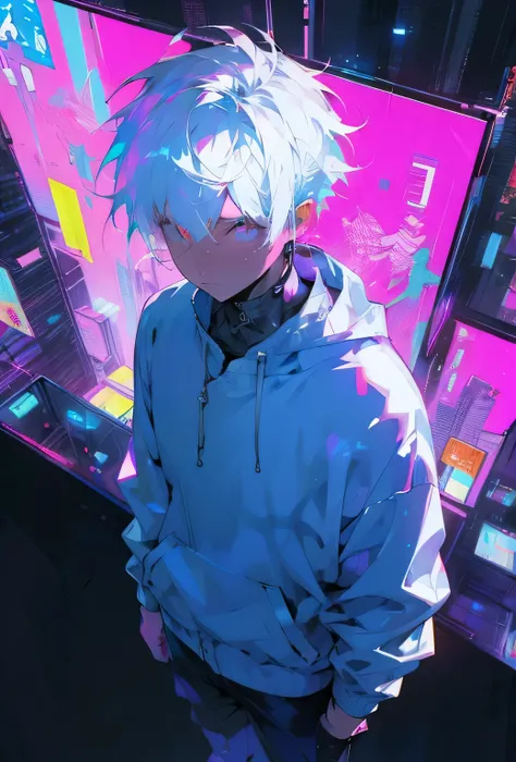 Man,white hair,short hair, tech jacket,high view purple glowing eyes, on top of a cyberpunk building 