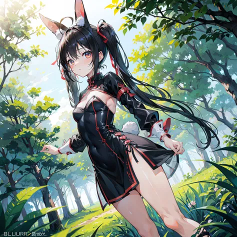 [Bunny Adventurer (o°∇°o) SurvivalQuest:0.00]//masterpiece,(best quality:1.4),(detailed:1.2),//full_body,1girl,solo,//rabbit_ears,bunny_girl,(twintails:1.3),black_hair,ahoge,hair_ribbon,(small_breasts:1.2)//chinese_inspired_outfit,(silk_dress:1.3),long_sle...