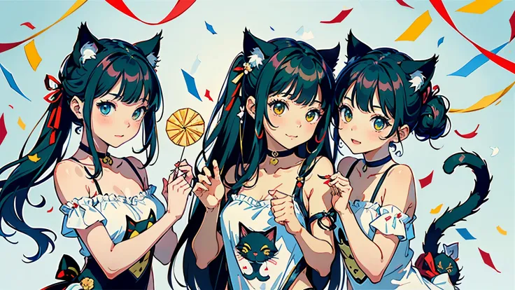 (highest quality, masterpiece, High resolution)、(anime art)、cinematic light、soft light、(two girls)、black hair、Black cat costume、White Cat Costume、Tabby cat costume、Striped cat costume、Persian Cat Costume、3-color cat costume、(loose t-shirt)、loose shirt、off ...