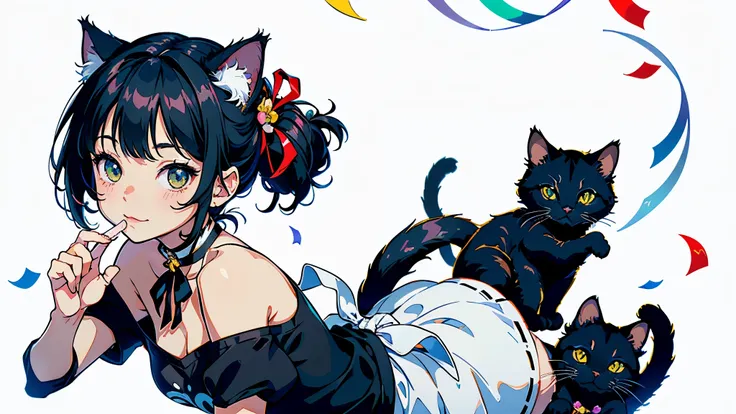 (highest quality, masterpiece, High resolution)、(anime art)、cinematic light、soft light、(1 girl)、black hair、Black cat costume、White Cat Costume、Tabby cat costume、Striped cat costume、Persian Cat Costume、3-color cat costume、(loose t-shirt)、loose shirt、off sho...