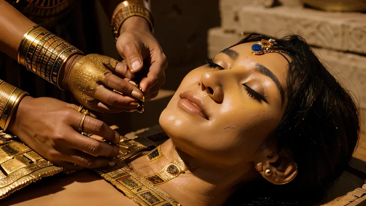 Ancient Egyptian embalming scene with peppercorns being placed in the nostrils of Ramesses II’s mummy, capturing the meticulous detail and reverence of the ritual.