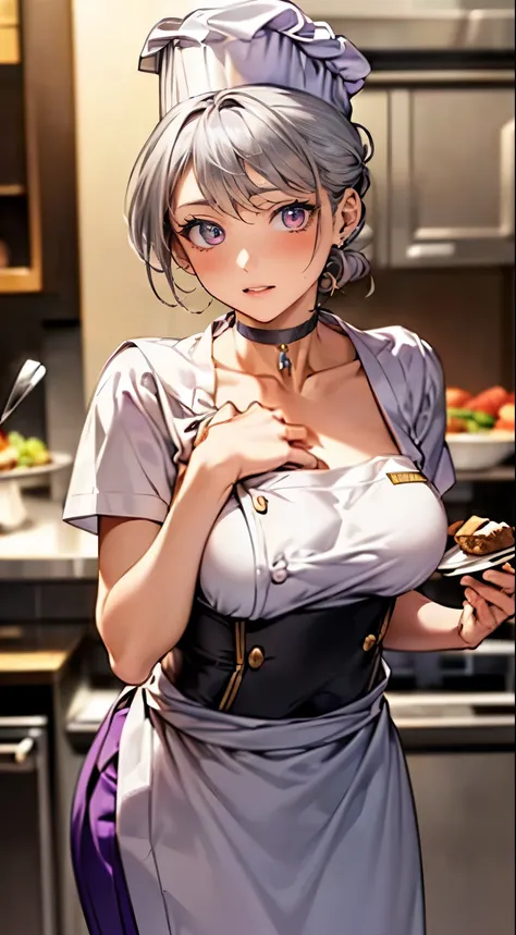 (masterpiece:1.2, highest quality), (realistic, photorealistic:1.4), beautiful illustrations, 
looking at the viewer, whole body, Front view:0.6, 
1 female, 20-year-old, Japanese, ((Silver hair chignon:1.5, 髪をchef hatに纏める:1.5)), thin waist、beautiful hair, ...